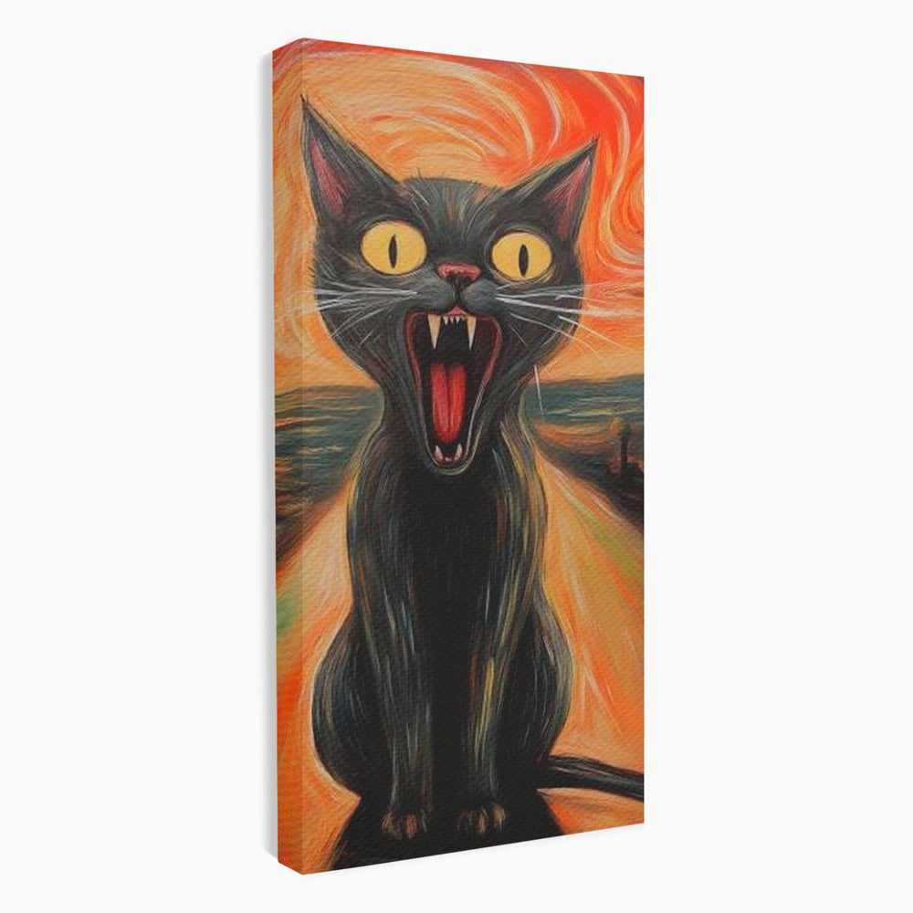 Tablou canvas cu tablou canvas cu pisica neagra care urla, fara rama, pe sasiu de lemn